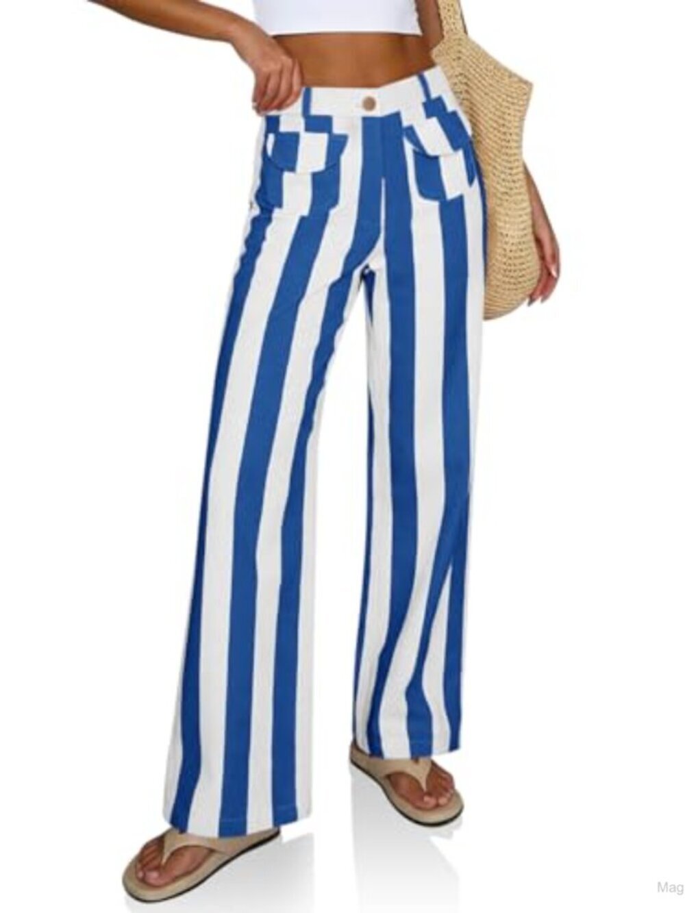 Wide Leg Striped High Waist Denim Jeans Women Cotton Stretch